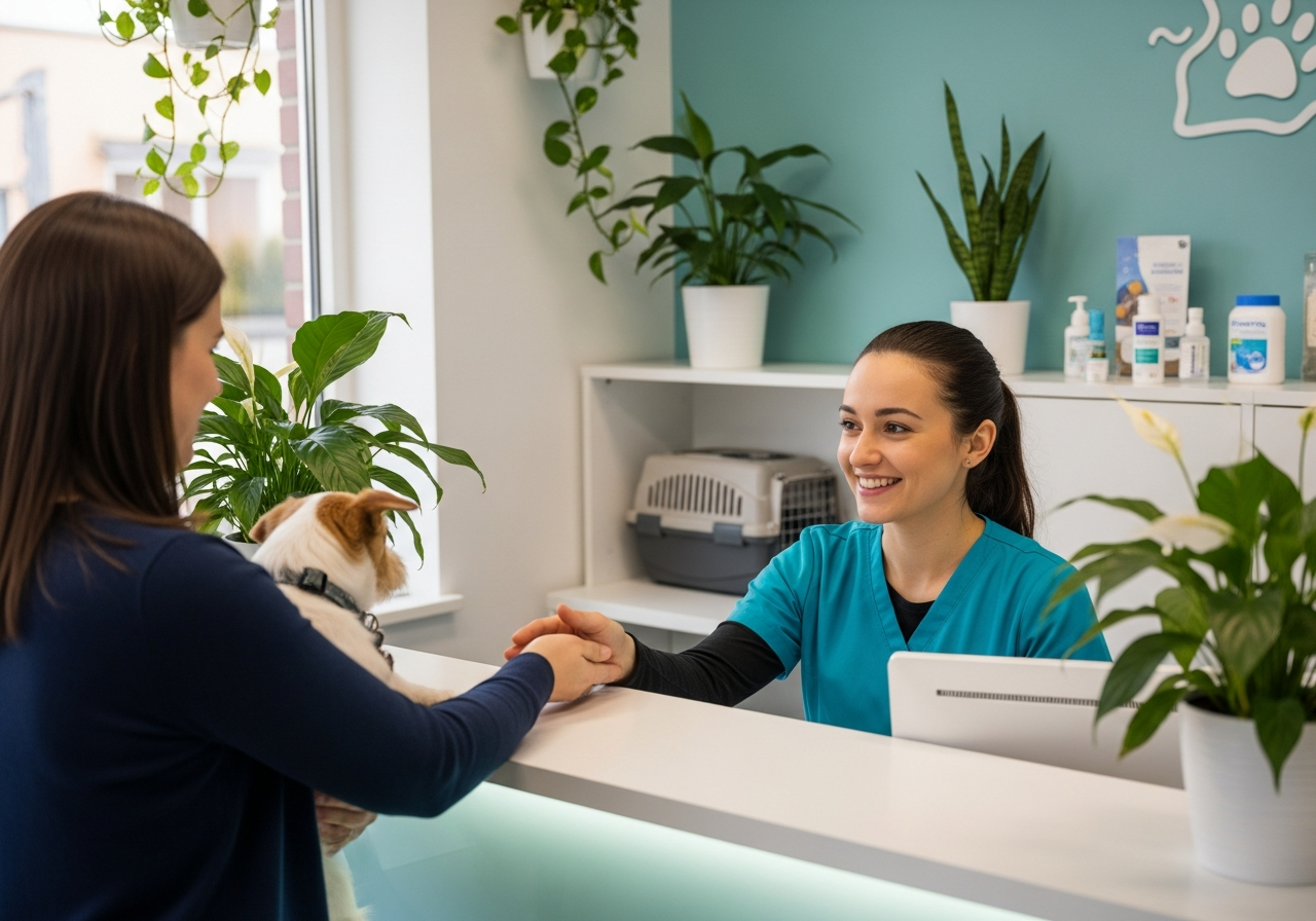 Réceptionniste de clinique vétérinaire professionnelle souriante